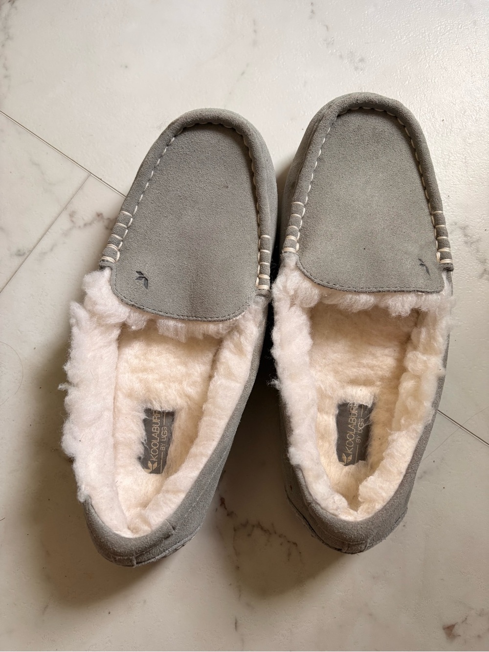 Gray Ugg Suede Shearling Lined Moccasin Slippers